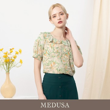 現貨【MEDUSA 曼度莎】清新黃綠葉影印花雪紡上衣（M-2L）｜女短袖上衣 雪紡上衣 夏季雪紡上衣