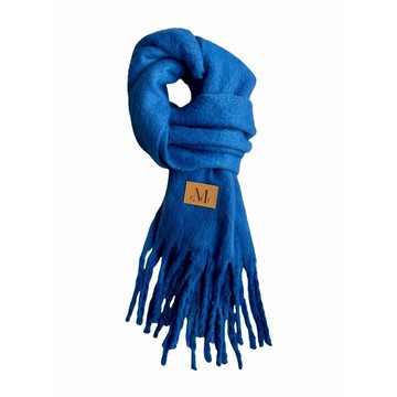 韓國 MUCENT SIGNATURE MUFFLER 經典流蘇圍巾 長版 皮革標藍色 BLUE (LEATHER PATCH)