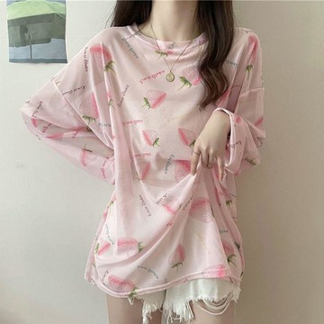 草莓甜心粉色防曬服中長款上衣慵懶風寬鬆薄款網紗長...
