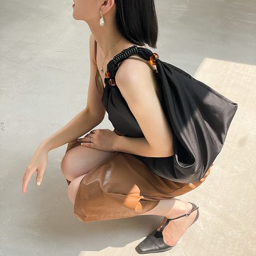 雲吞包 撞色棋盤格 緞面 皮繩托特包 大容量側背包