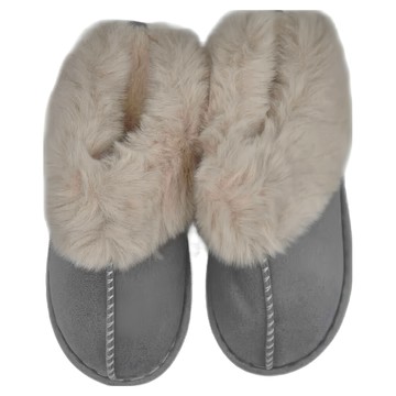 男女款麂皮絨兔毛口包頭保暖防滑室內拖鞋  淺灰色  36