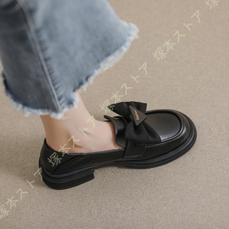 ラウンドトゥ ローファー 厚底 太めヒール カジュアルシューズ