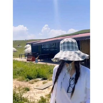 趙露思同款格子漁夫帽女夏季出游大帽檐遮臉盆帽可折疊防曬遮陽帽