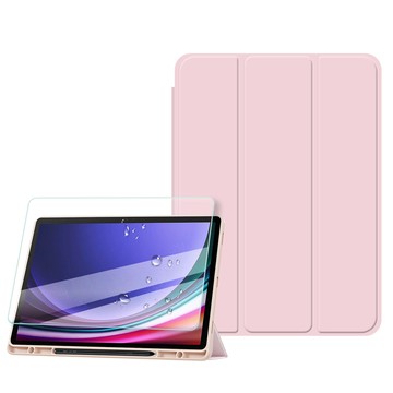VXTRA 軍事全防護 三星 Samsung Galaxy Tab S9+/S9 FE+ 晶透背蓋 超纖皮紋皮套(清亮粉)+9H玻璃貼