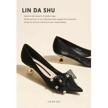 【林大叔】蝴蝶結水鉆黑色高跟鞋女2025新款細跟中跟通勤尖頭單鞋