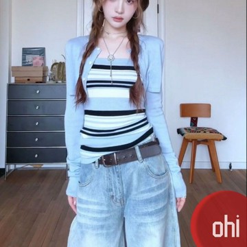 【ohi】韓系條紋兩件套 吊帶背心開衫兩件套裝 修身顯瘦上衣 長袖T恤 長袖上衣 T恤 女裝 GAJD619