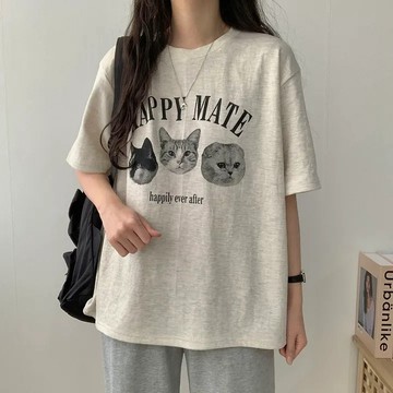 Vuja de 純棉 t恤 短袖上衣女 貓咪印花 T恤 韓國上衣 oversize T恤 潮流衣服 寬鬆上衣 ins風