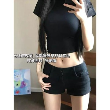 美式辣妹低腰緊身黑色牛仔超短褲女夏季新款百搭彈力短熱褲子外穿