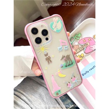 nanabear奈奈熊原創童話森林小屋粉色邊框防摔雙層imd印花光面韓國ins風保護套適用于蘋果15手機殼14promax