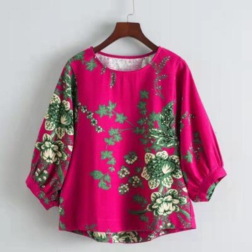 春秋新款棉麻印花大碼媽媽女裝燈籠袖T恤文藝小碎花寬松打底衫女