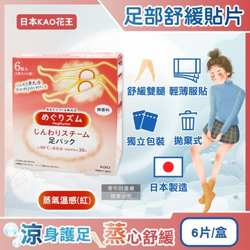 日本KAO花王-美舒律腿足舒緩貼片-蒸氣溫感(紅)6片/盒