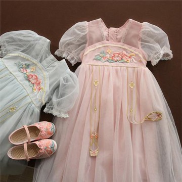 中國風 女童連衣裙 兒童漢服網紗蓬蓬裙 泡泡袖中長裙 夏款童裝