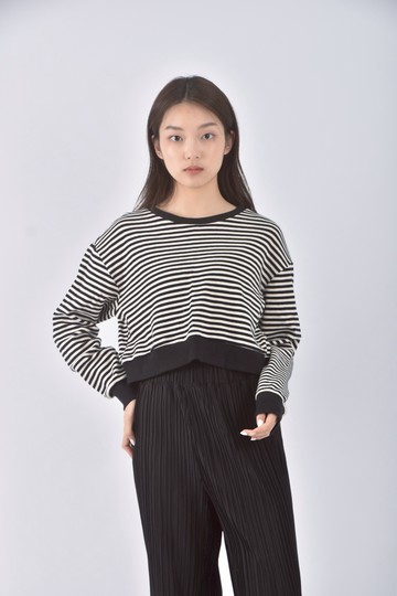 加購優惠(M) ob style質感修身短版棉質條紋黑色長袖上衣