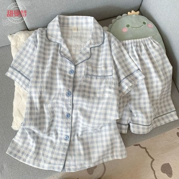 睡衣女  藍色格紋雲棉睡衣女夏季短袖短褲美少女學生卡通可愛家居服套裝  WHn