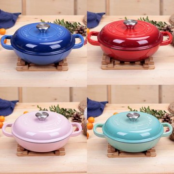 出口圓形鑄鐵琺瑯海鮮鍋平底鍋湯鍋淺燒鍋多功能鍋23cm/28cm/30cm