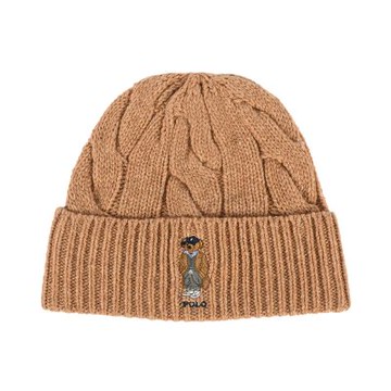 RALPH LAUREN POLO 休閒風小熊刺繡LOGO素面羊毛混紡針織毛帽-暖駝色
