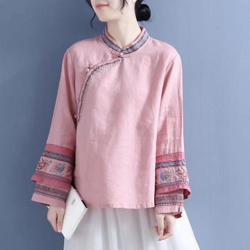 雙層刺繡立領斜襟盤扣棉麻上衣女春季新中式國風禪意茶服亞麻襯衫