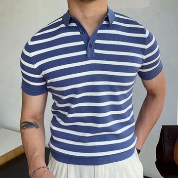 男裝夏季翻領針織衫藍色條紋商務Polo衫Men striped short sleeve