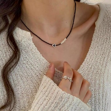 [Relise] （台灣現貨） A0281！ 通體純銀 S925純銀 黑晶石圓珠愛心滴油項鍊