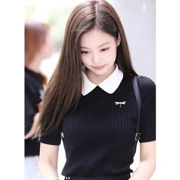 針織短袖t恤女春秋冰絲薄款黑色polo修身內搭jennie同款翻領上衣