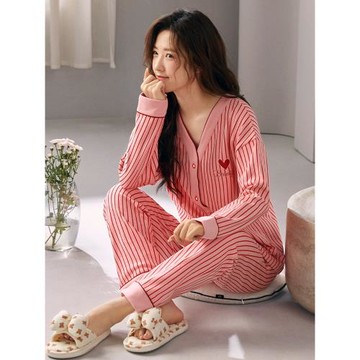 2026年帶胸墊和服睡衣女春秋款長袖條紋休閑開衫可外穿家居服套裝