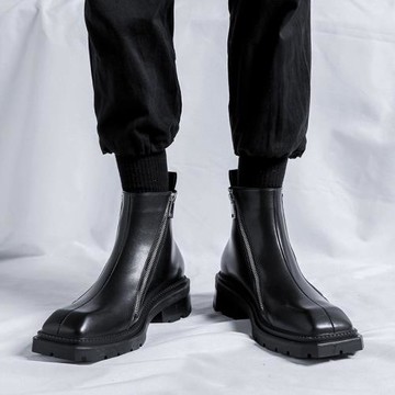 切爾西靴男小眾方頭馬丁靴時尚皮靴高幫厚底增高中筒黑色潮流短靴