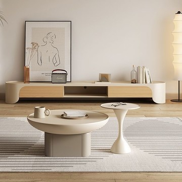 公司貨 超低價 北歐現代侘寂風圓茶幾電視櫃組合奶油風可伸縮電視地櫃 快速發貨