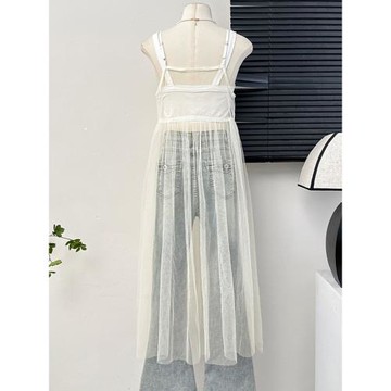 韓系外搭網紗罩衫裙女2025款度假風鏤空蕾絲吊帶連衣裙無袖背心裙