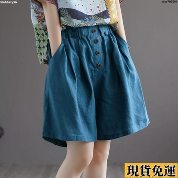 台灣限時熱賣 大尺碼短褲女 夏天褲子女 文藝復古純棉短褲女夏季薄款寬鬆大碼紐扣棉麻闊腳褲休閑五分褲潮 大碼短