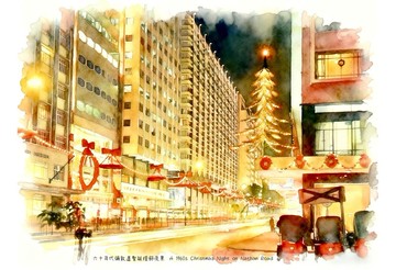 木蒔導賞 手繪明信片 - 六十年代彌敦道聖誕燈飾夜景