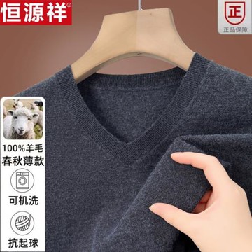 恒源祥秋冬V領羊毛衫男100%含羊毛中青年保暖毛衣休閑針織打底衫