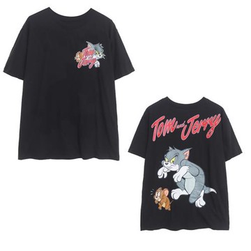 卡通動漫背后印花減齡圓領短袖上衣 寬松顯瘦字母T恤 外貿大碼