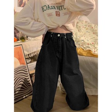 黑色闊腿牛仔褲女秋季新款設計感可收腰寬松顯瘦百搭直筒拖地褲子