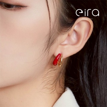 Eira Accessory 復古幾何金邊紅滴釉耳釘‧925純銀耳釘‧輕奢 優雅 氣質 百搭 耳針 耳釘 CE0212