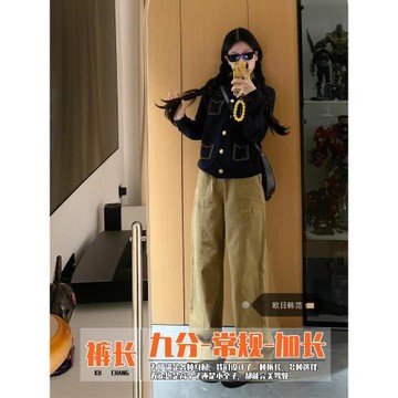 大碼設計感卡其色休閑直筒牛仔褲女秋冬新款小個子拖地闊腿長褲潮