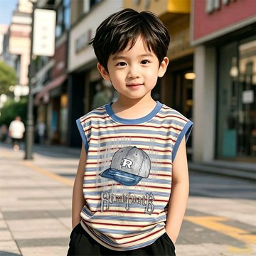 【在臺免運】夏季兒童無袖背心新款男童冰絲涼感T恤男孩寶寶條紋背心百搭上衣fsaw