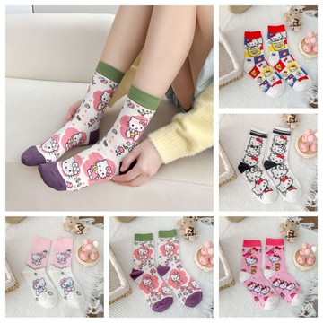 左右襪業 75%精梳棉日系卡通襪子女可愛小貓四季新款中筒女襪長筒襪工廠批發現貨精品