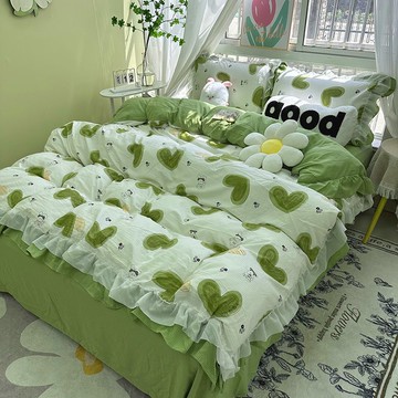 ins田園奶油風床單四件套少女心荷葉花邊被套三件套床上用品床笠
