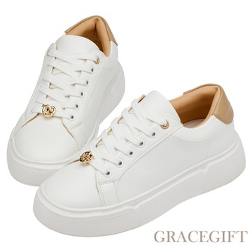 【Grace Gift】潘潘聯名-可頌女孩刺繡圓頭小白鞋 杏