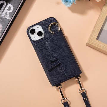 Aguchi 亞古奇 iPhone 14/14 Plus/14 Pro/14 Pro Max 馬鞍卡包手機皮套 附美妝鏡及皮質背帶 - 湛藍