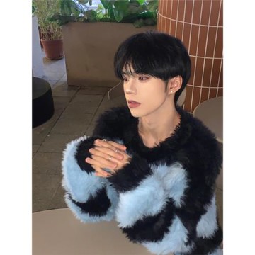 條紋撞色馬海毛毛衣男秋冬美式復古慵懶針織衫潮牌毛茸茸圓領外套