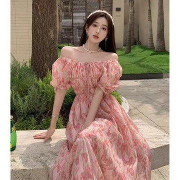 夏季小個子日度假風a字裙溫柔雪紡碎花設計感抽繩一字領連衣裙女