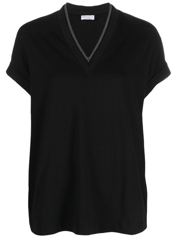 Brunello Cucinelli - Monili-trim V-neck T-shirt - women - Spandex/Elastane/Cotton/Brass - S - Black