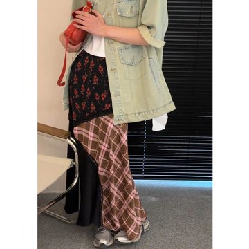 韓國夏季新款碎花裙子女韓版春秋設計感不規則撞色拼接百搭半身裙