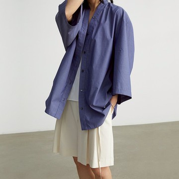 夏季新款 藍紫色大廓形 v領開襟 7分袖 中長襯衫