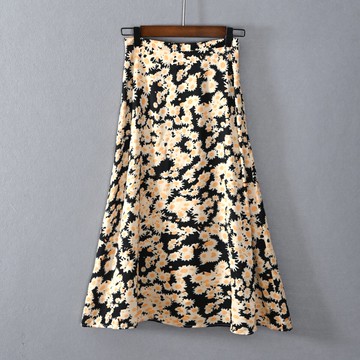 女裝A字裙中長裙花色印花半身裙子拉鏈有內襯