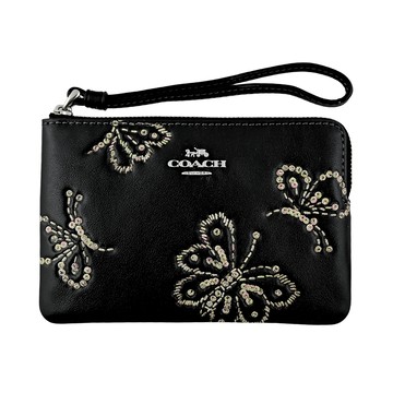 COACH亮粉燙印仿刺繡皮雕加工蝴蝶黑色素面皮革掛帶L型拉鍊萬用手拿包