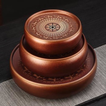 冠發黃銅茶盤家用大號小型托盤儲水式簡約干泡盤茶具圓形茶海茶臺