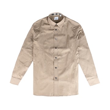 BURBERRY 刺繡騎士LOGO格子邊領設計棉質長袖襯衫(男款/卡其)