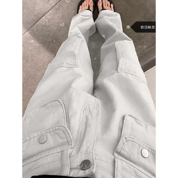 美式高腰直筒工裝褲復古闊腿褲日系防曬休閑白色褲子女2025新款夏